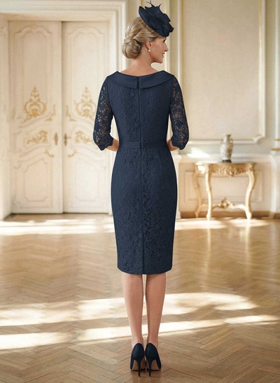 Sheath/Column Cowl Neck 1/2 Sleeves Lace Satin Knee-Length Mother Of The Bride Dresses With Beading
