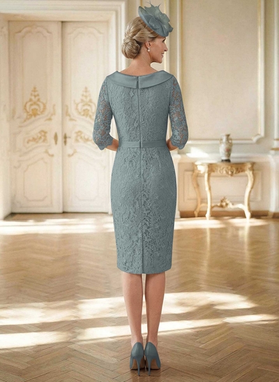 Sheath/Column Cowl Neck 1/2 Sleeves Lace Satin Knee-Length Mother Of The Bride Dresses With Beading