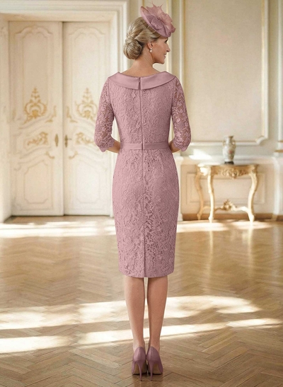 Sheath/Column Cowl Neck 1/2 Sleeves Lace Satin Knee-Length Mother Of The Bride Dresses With Beading