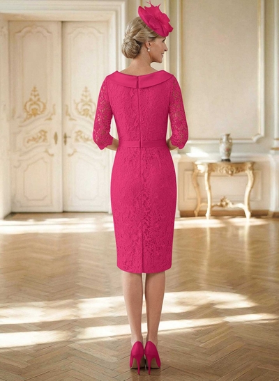 Sheath/Column Cowl Neck 1/2 Sleeves Lace Satin Knee-Length Mother Of The Bride Dresses With Beading