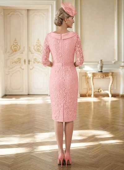 Sheath/Column Cowl Neck 1/2 Sleeves Lace Satin Knee-Length Mother Of The Bride Dresses With Beading