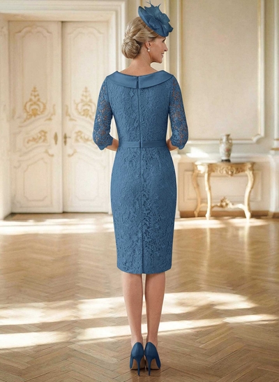 Sheath/Column Cowl Neck 1/2 Sleeves Lace Satin Knee-Length Mother Of The Bride Dresses With Beading