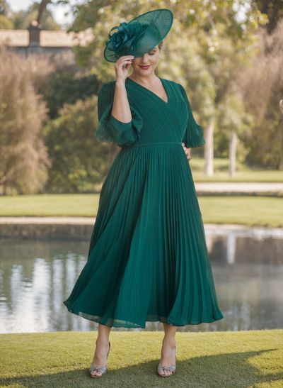 A-Line V-Neck 3/4 Sleeves Pleated Chiffon Tea-Length Mother Of The Bride Dresses