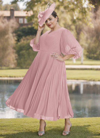 A-Line V-Neck 3/4 Sleeves Pleated Chiffon Tea-Length Mother Of The Bride Dresses