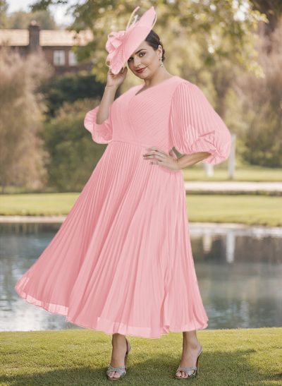 A-Line V-Neck 3/4 Sleeves Pleated Chiffon Tea-Length Mother Of The Bride Dresses