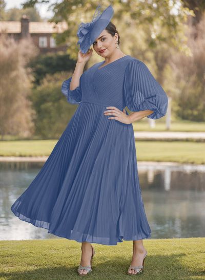 A-Line V-Neck 3/4 Sleeves Pleated Chiffon Tea-Length Mother Of The Bride Dresses