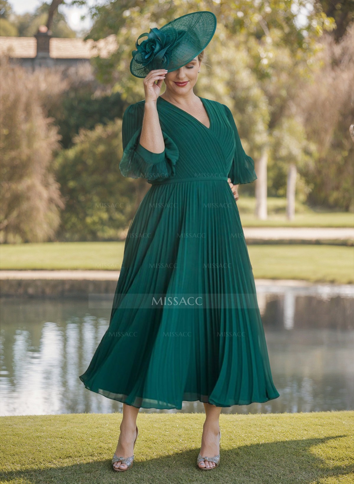 A-Line V-Neck 3/4 Sleeves Pleated Chiffon Tea-Length Mother Of The Bride Dresses