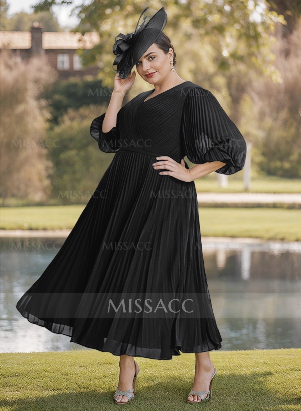 A-Line V-Neck 3/4 Sleeves Pleated Chiffon Tea-Length Mother Of The Bride Dresses