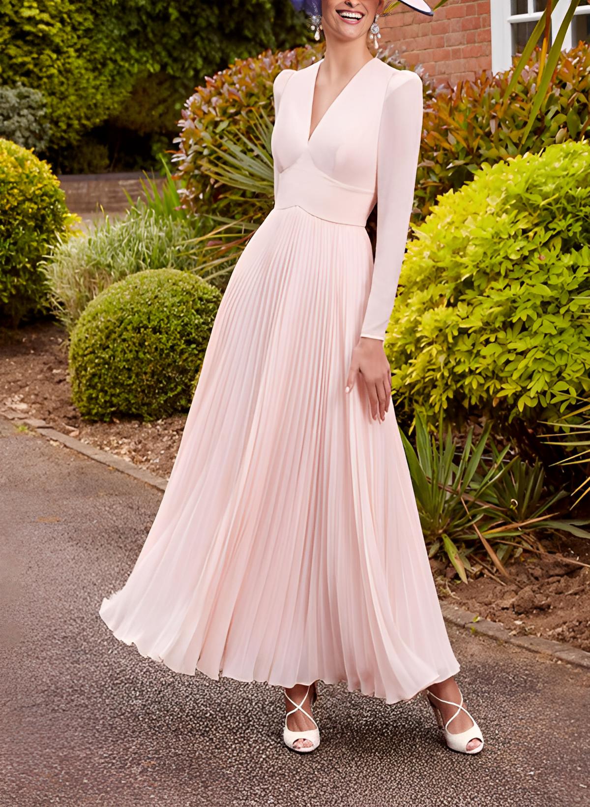 A-Line V-Neck Long Sleeves Chiffon Ankle-Length Mother Of The Bride Dresses