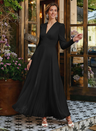 A-Line V-Neck Long Sleeves Chiffon Ankle-Length Mother Of The Bride Dresses