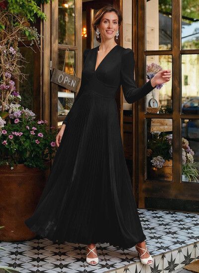 A-Line V-Neck Long Sleeves Chiffon Ankle-Length Mother Of The Bride Dresses