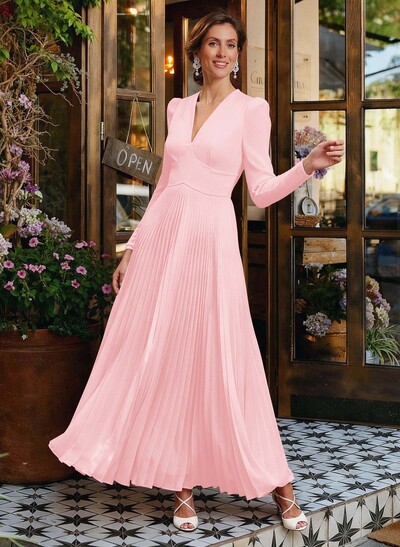 A-Line V-Neck Long Sleeves Chiffon Ankle-Length Mother Of The Bride Dresses
