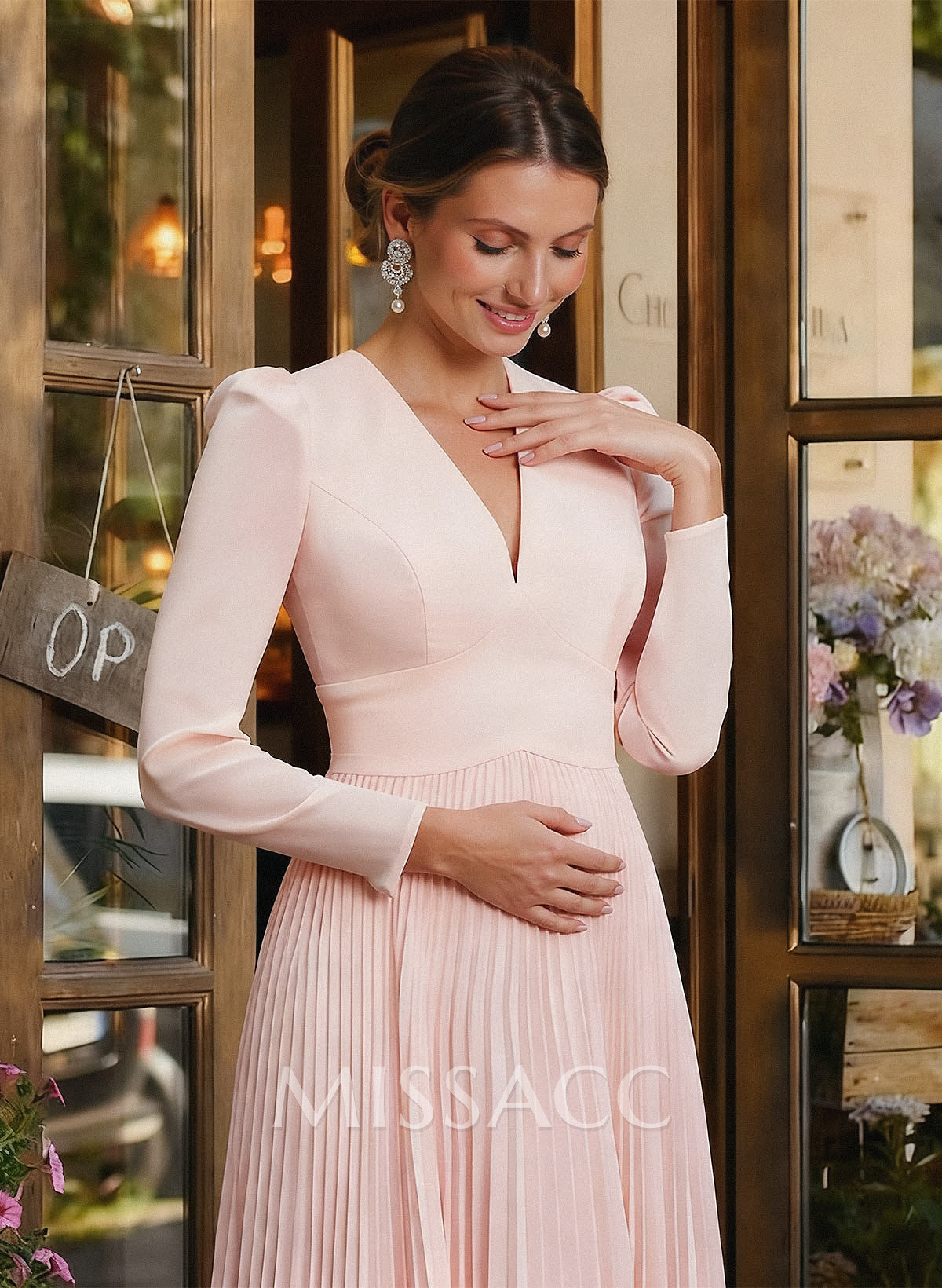 A-Line V-Neck Long Sleeves Chiffon Ankle-Length Mother Of The Bride Dresses