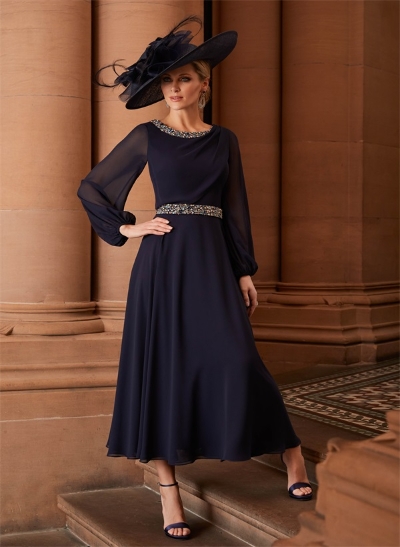 A-Line Scoop Neck Long Sleeves Chiffon Tea-Length Mother of the Bride Dresses With Beading