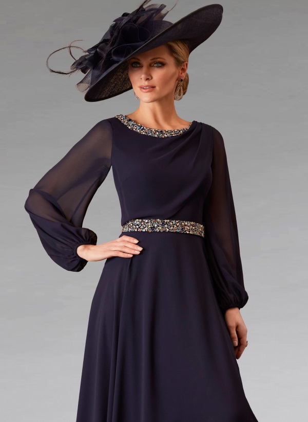 A-Line Scoop Neck Long Sleeves Chiffon Tea-Length Mother of the Bride Dresses With Beading