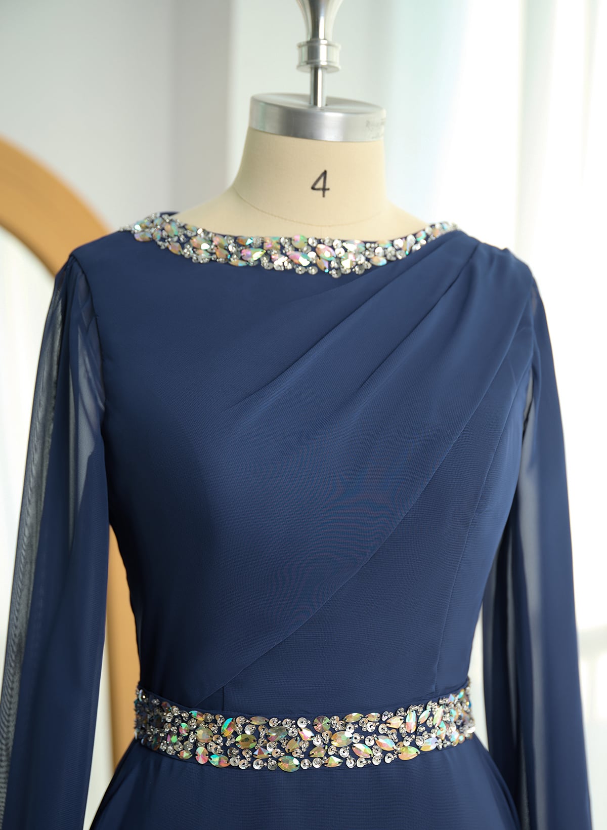 A-Line Scoop Neck Long Sleeves High Waist Chiffon Tea-Length Mother Of The Bride Dresses With Beading