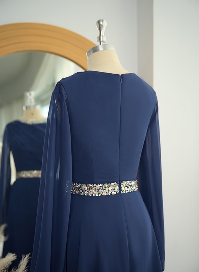 A-Line Scoop Neck Long Sleeves High Waist Chiffon Tea-Length Mother Of The Bride Dresses With Beading