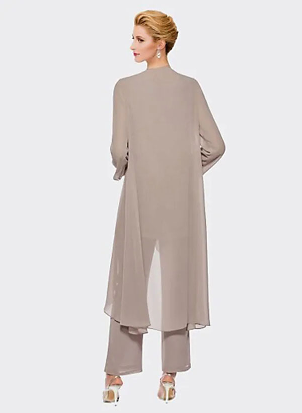 Simple Jumpsuit/Pantsuit Scoop Neck Long Sleeves Chiffon Mother of the Bride Dress