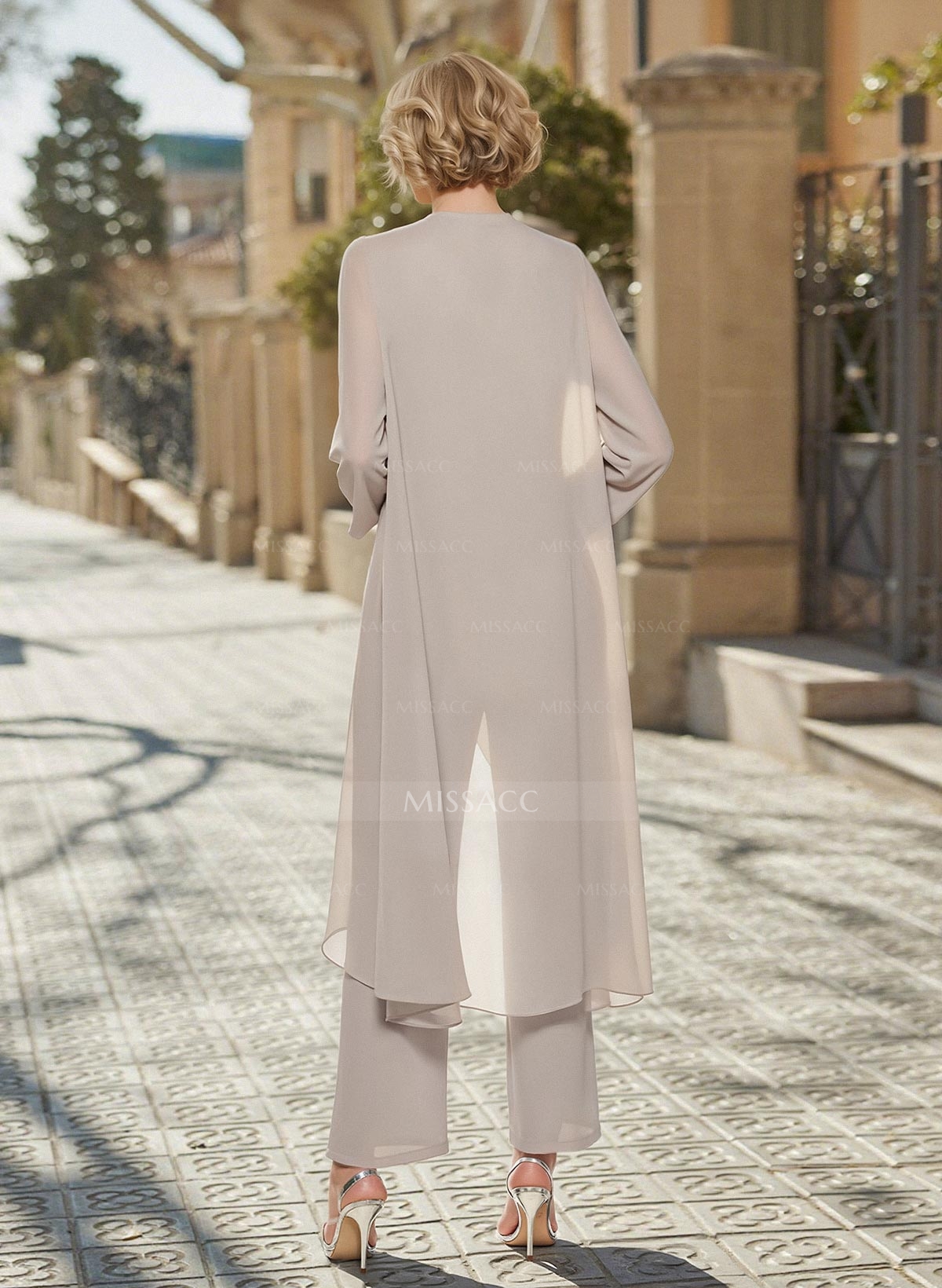 Simple Jumpsuit/Pantsuit Scoop Neck Long Sleeves Chiffon Mother Of The Bride Dress