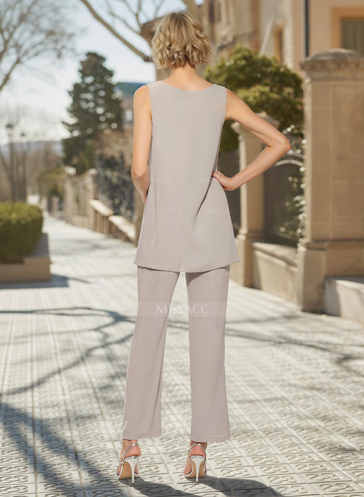 Simple Jumpsuit/Pantsuit Scoop Neck Long Sleeves Chiffon Mother Of The Bride Dress