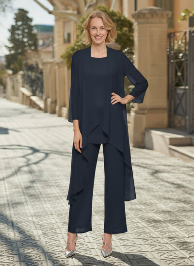 Simple Jumpsuit/Pantsuit Scoop Neck Long Sleeves Chiffon Mother Of The Bride Dress