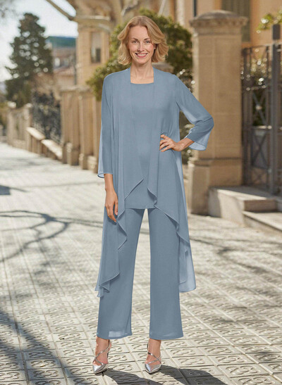 Matching Sets Simple Scoop Neck Long Sleeves Chiffon Mother Of The Bride Dress