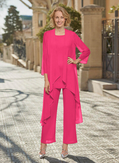 Matching Sets Simple Scoop Neck Long Sleeves Chiffon Mother Of The Bride Dress