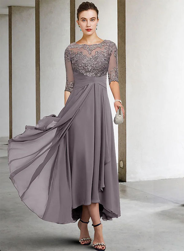 A Line Long Sleeves Scoop Neck Chiffon Lace Ankle Length Mother Of The Bride Dresses Missacc 7879