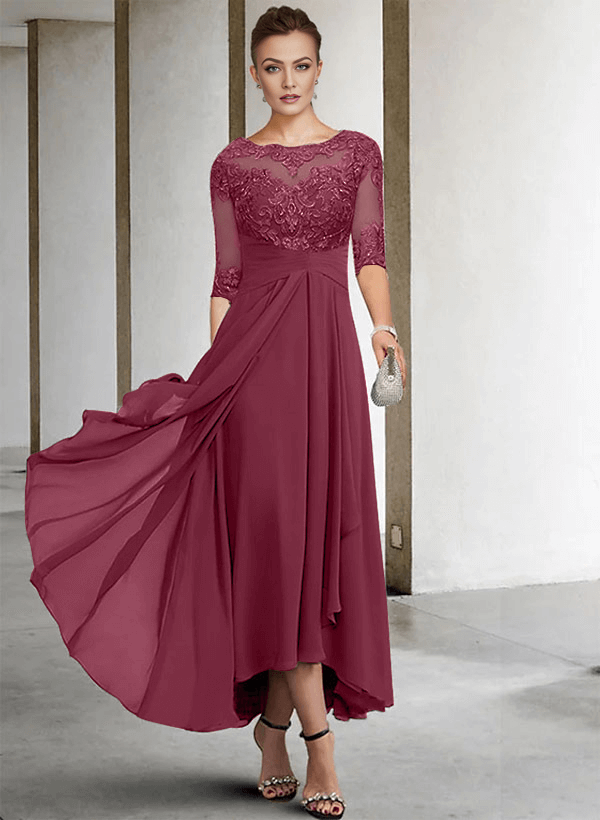 A-Line Long Sleeves Scoop Neck Chiffon Lace Ankle-Length Mother Of The Bride Dresses