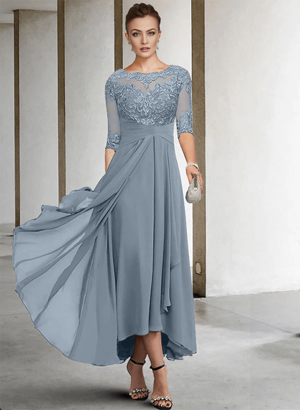 A-Line Long Sleeves Scoop Neck Chiffon Lace Ankle-Length Mother Of The Bride Dresses