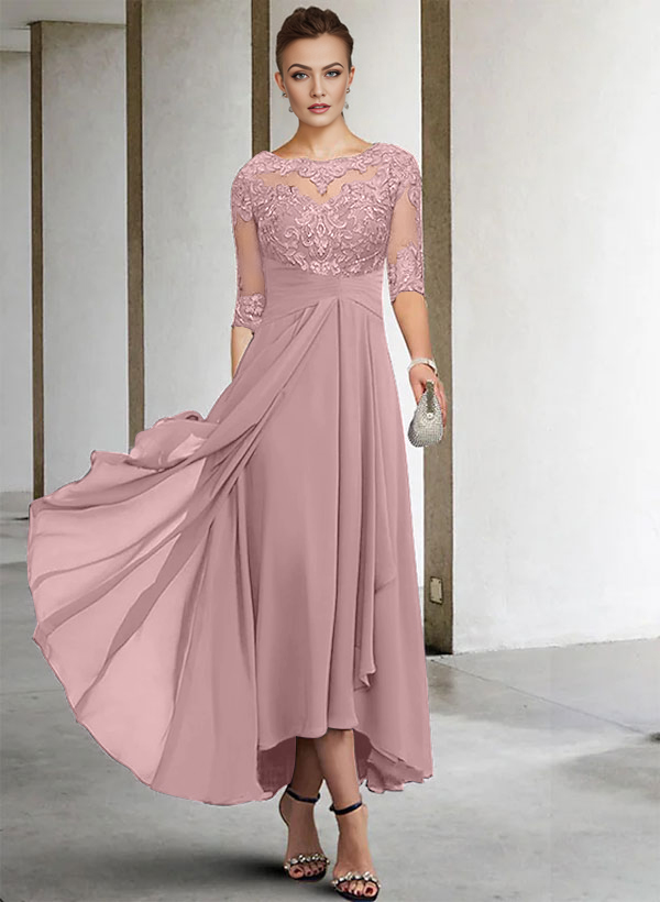 A-Line Long Sleeves Scoop Neck Chiffon Lace Ankle-Length Mother Of The Bride Dresses