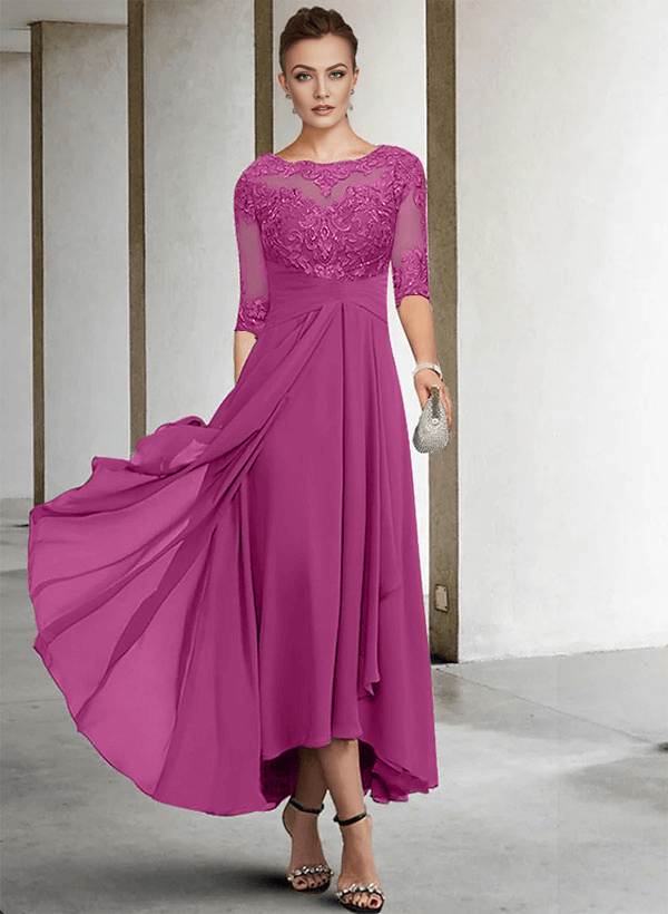 A-Line Long Sleeves Scoop Neck Chiffon Lace Ankle-Length Mother Of The Bride Dresses