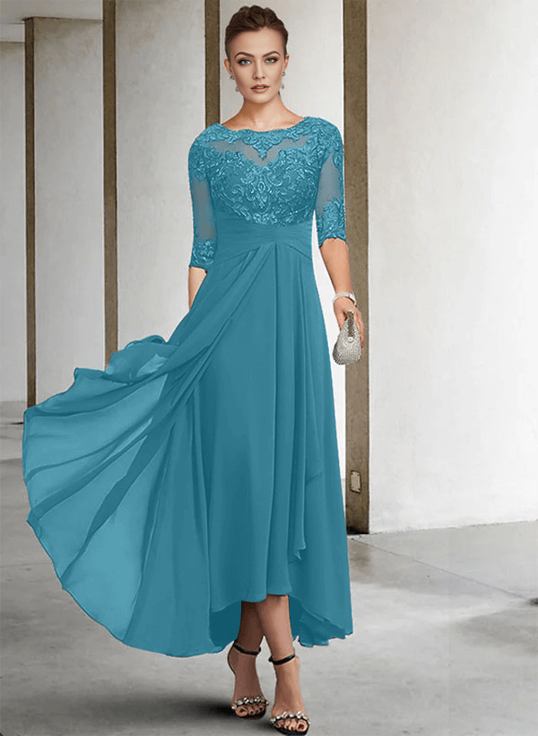 A-Line Long Sleeves Scoop Neck Chiffon Lace Ankle-Length Mother Of The Bride Dresses