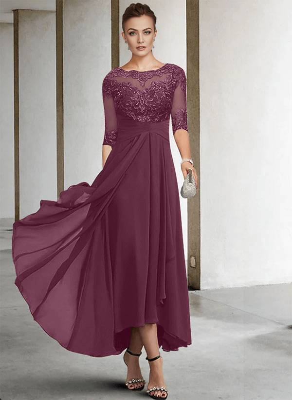 A-Line Long Sleeves Scoop Neck Chiffon Lace Ankle-Length Mother Of The Bride Dresses