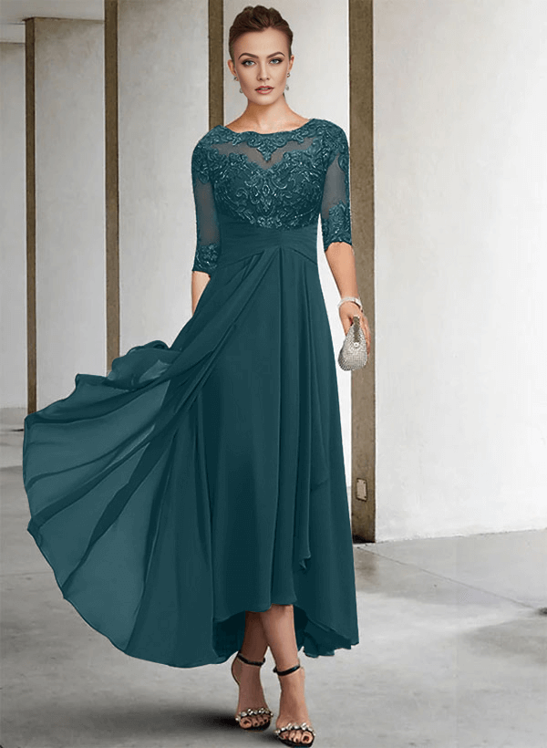 A-Line Long Sleeves Scoop Neck Chiffon Lace Ankle-Length Mother Of The Bride Dresses