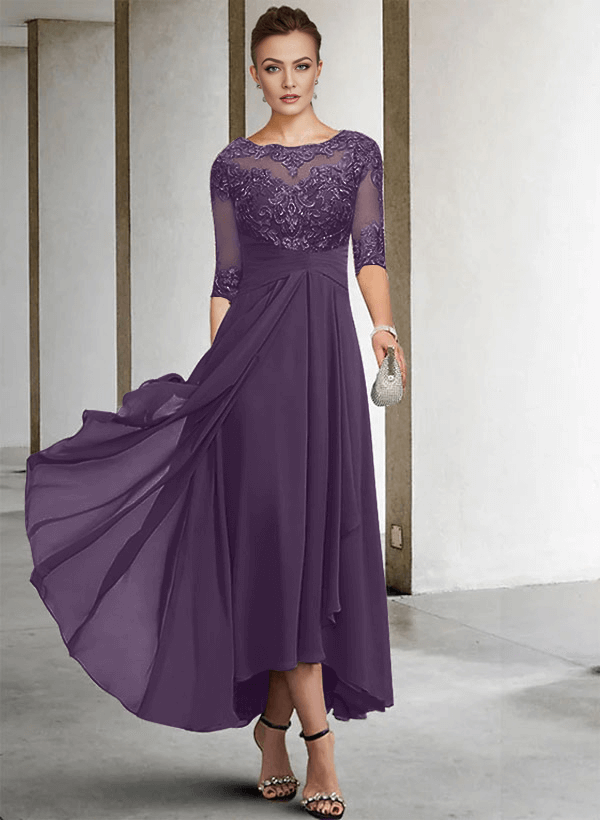 A-Line Long Sleeves Scoop Neck Chiffon Lace Ankle-Length Mother Of The Bride Dresses