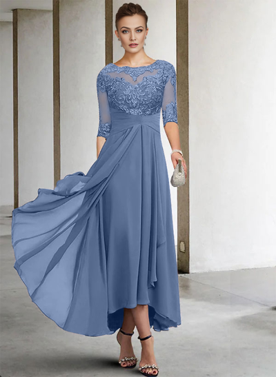 A-Line Long Sleeves Scoop Neck Chiffon Lace Ankle-Length Mother Of The Bride Dresses