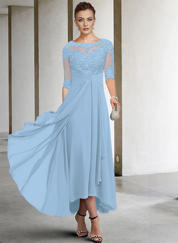 A-Line Long Sleeves Scoop Neck Chiffon Lace Ankle-Length Mother Of The Bride Dresses