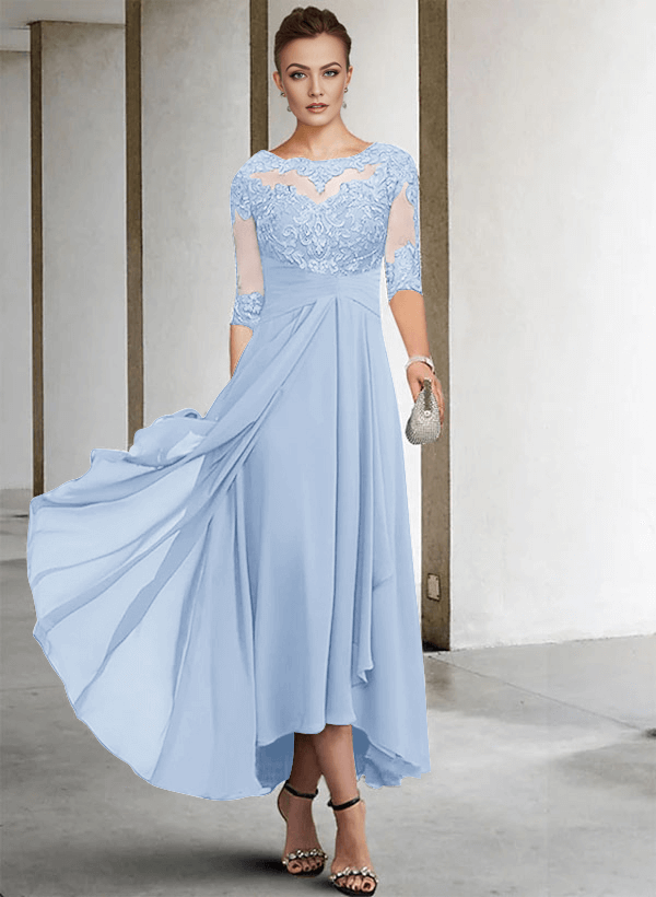 A-Line Long Sleeves Scoop Neck Chiffon Lace Ankle-Length Mother Of The Bride Dresses