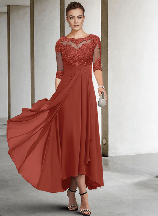 A-Line Long Sleeves Scoop Neck Chiffon Lace Ankle-Length Mother Of The Bride Dresses