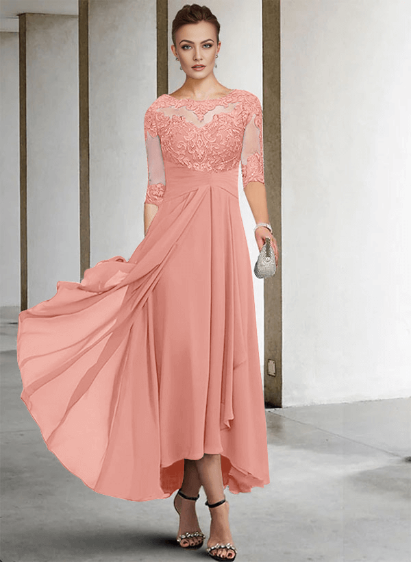 A-Line Long Sleeves Scoop Neck Chiffon Lace Ankle-Length Mother Of The Bride Dresses