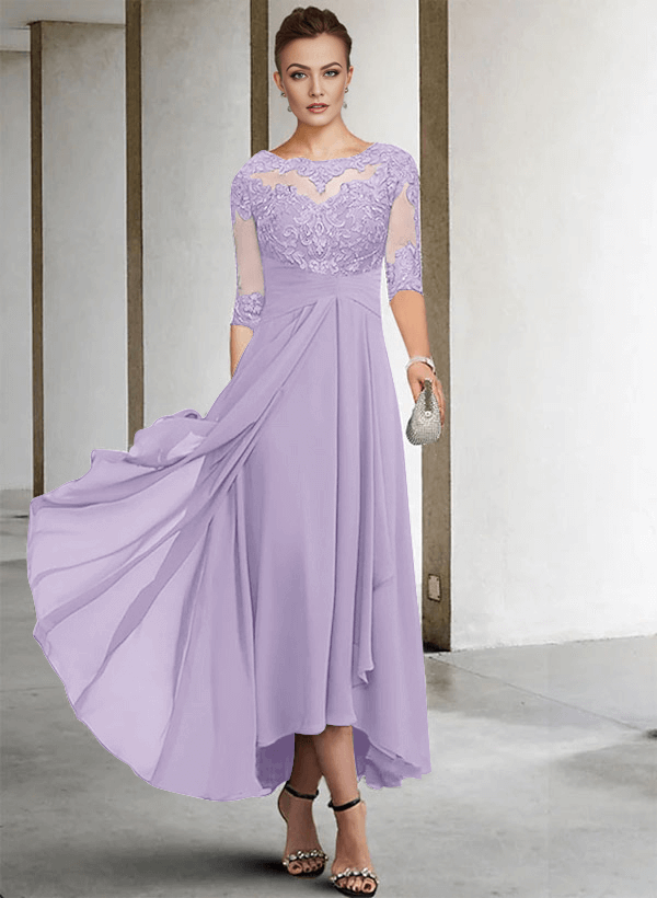 A-Line Long Sleeves Scoop Neck Chiffon Lace Ankle-Length Mother Of The Bride Dresses
