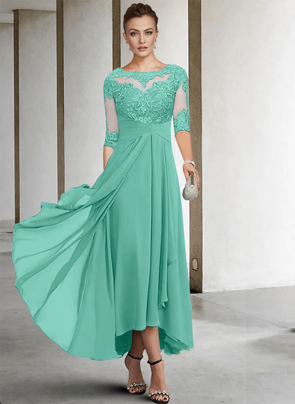 A-Line Long Sleeves Scoop Neck Chiffon Lace Ankle-Length Mother Of The Bride Dresses