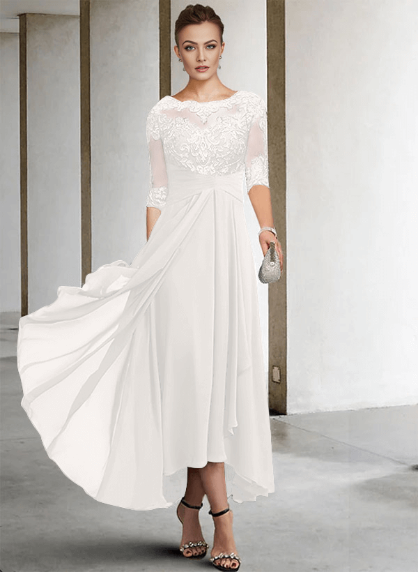 A-Line Long Sleeves Scoop Neck Chiffon Lace Ankle-Length Mother Of The Bride Dresses