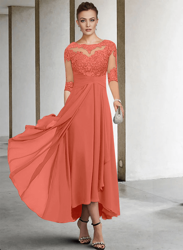 A-Line Long Sleeves Scoop Neck Chiffon Lace Ankle-Length Mother Of The Bride Dresses