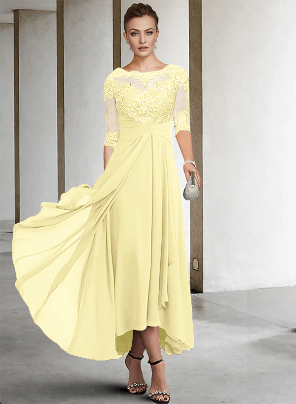 A-Line Long Sleeves Scoop Neck Chiffon Lace Ankle-Length Mother Of The Bride Dresses