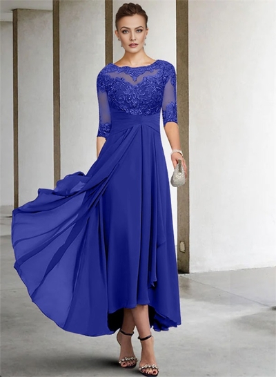 A-Line Long Sleeves Scoop Neck Chiffon Lace Ankle-Length Mother Of The Bride Dresses