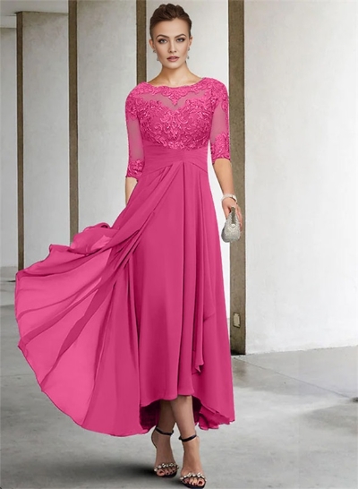 A-Line Long Sleeves Scoop Neck Chiffon Lace Ankle-Length Mother Of The Bride Dresses