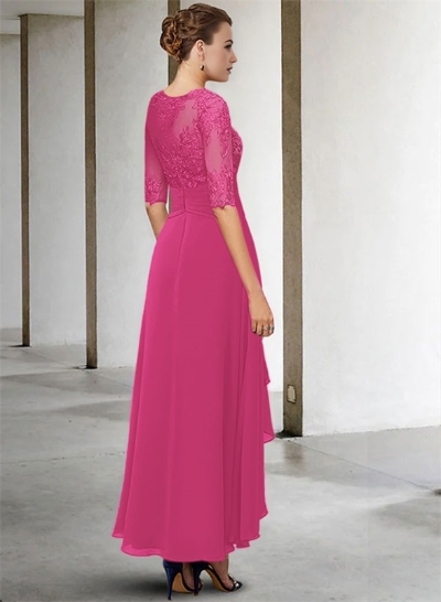 A-Line Long Sleeves Scoop Neck Chiffon Lace Ankle-Length Mother Of The Bride Dresses