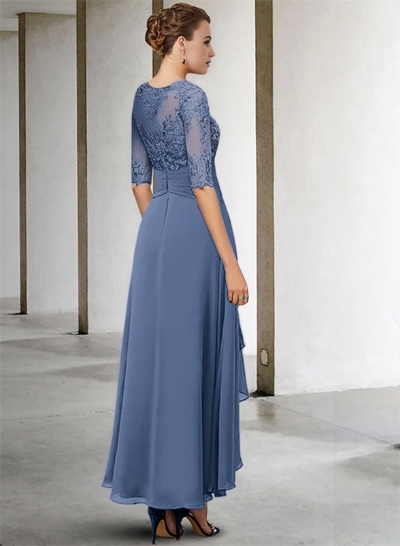 A-Line Long Sleeves Scoop Neck Chiffon Lace Ankle-Length Mother Of The Bride Dresses